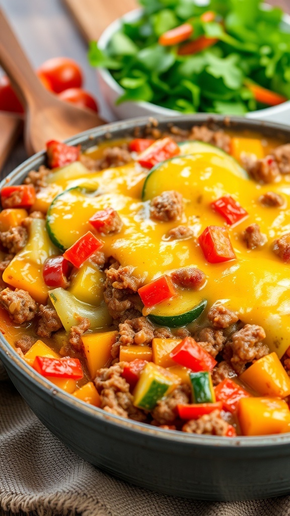 A hearty hamburger vegetable casserole with ground beef, bell peppers, zucchini, and melted cheese in a baking dish.